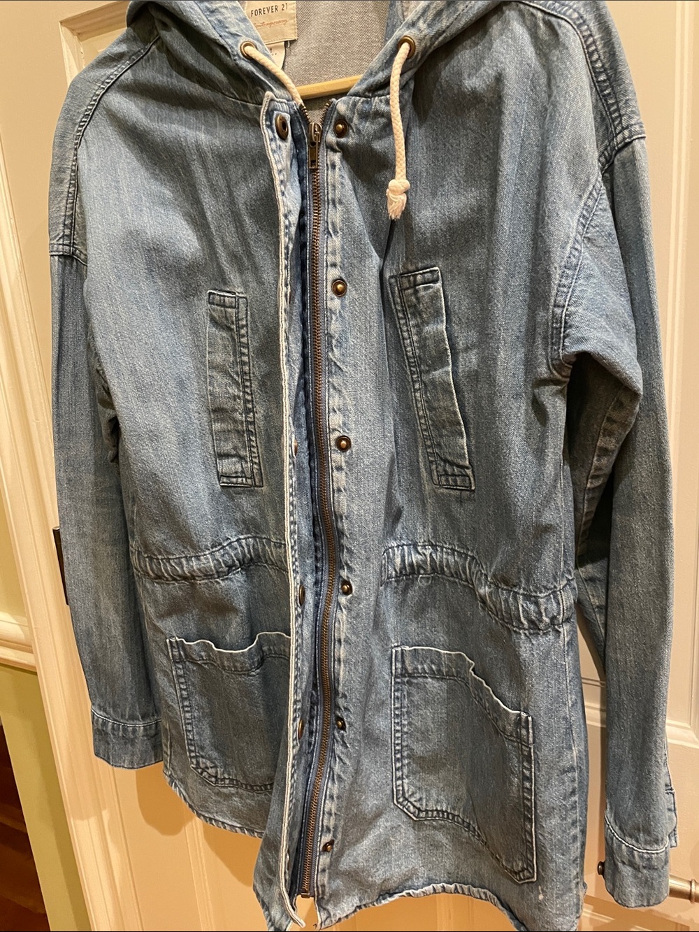 Forever 21 Denim Jacket with Zipper/Snaps Drawstring And Hood Size S